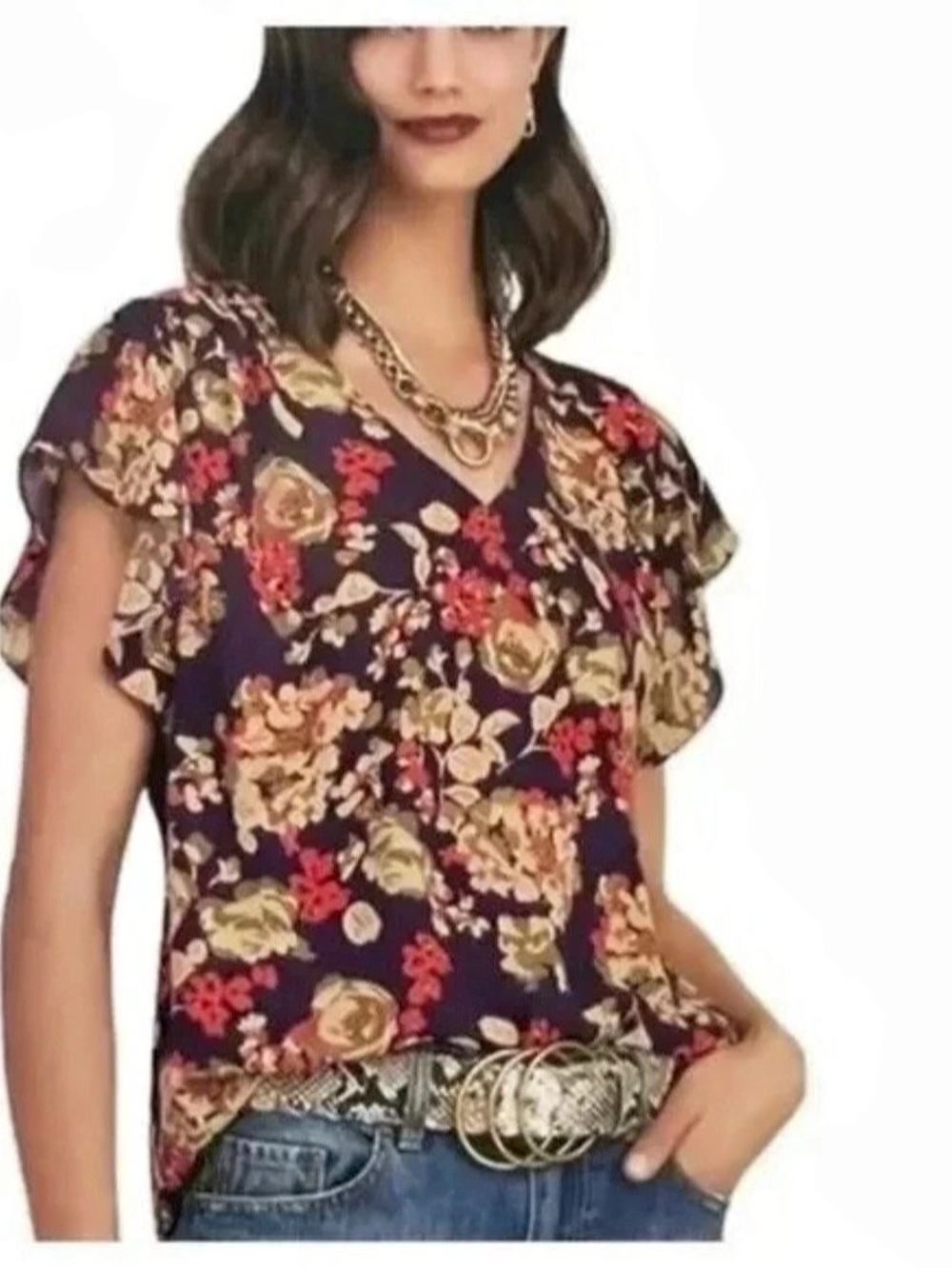 CABI A La Mode Floral Ruffle Sleeve Blouse Purple Red Sz M
#4169 NWOT